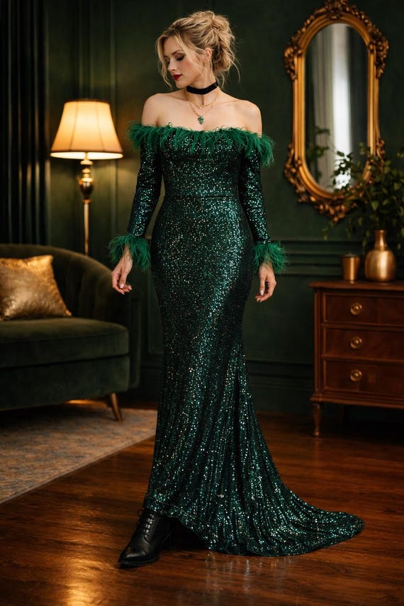 Emerald Green Sequin Feather Trim Gown XL Drag Performance Evening Dress