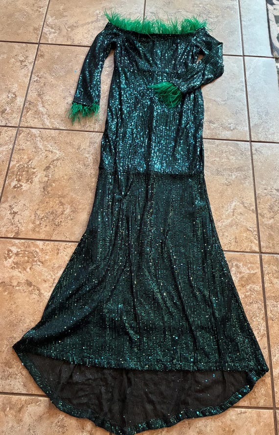 green dress with feather trim Emerald Sequin Gown XL Drag Performance Evening emerald green prom dress
