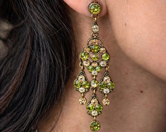 Vintage Olive Rhinestone Chandelier Earrings | 90s Boho Glam Statement Jewelry