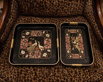Bandejas nido estilo chinoiserie con diseño de pavo real vintage – Decoración de tocador estilo Hollywood Regency en laca negra