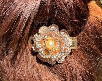Broche de oro rosa con diamantes de imitación, pasador para el cabello de novia con perlas, estilo victoriano glamuroso, hecho a mano.
