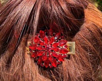 Pinza para el cabello vintage hecha a mano con broche de diamantes de imitación rojos, caja de sheesham tallada a mano, pasador gótico glamuroso.