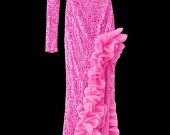 Vestido de gala Barbiecore rosa con lentejuelas, un solo hombro y volantes, talla M.
