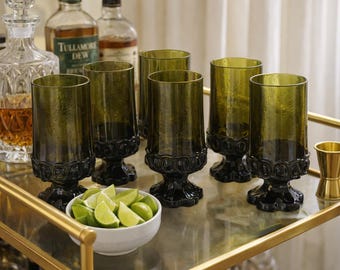 Copas vintage de vidrio Indiana verde oliva / Oyster & Pearl, juego de 6
