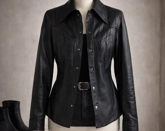 Chaqueta estilo camisa de cuero negro vintage de los años 60 / Estilo western con cierre a presión / Cuero suave como la mantequilla