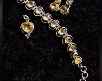 Vintage Sterling Citrine Jewelry Set | Bracelet, Earrings & Heart Pendant