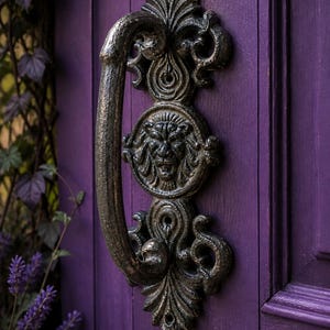 May include: Ornate, dark metal door handle with a lion's head design, mounted on a purple wooden door. The handle has a curved grip and decorative flourishes. The door is painted a deep purple color.