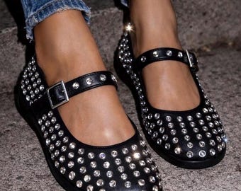 Zapatos planos Guess estilo Mary Jane con tachuelas, color negro, estilo punk y balletcore, talla 7
