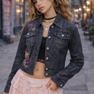 Y2K Embroidered Denim Jacket • Fairy Grunge Floral Appliqué, Gem Buttons