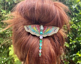 Horquilla artesanal con diseño de polilla luna / Pinza para el cabello llamativa con cristales y diamantes de imitación / Accesorio para el cabello original para festivales de música folk y forestcore