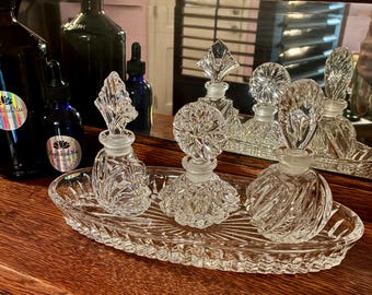 Juego de frascos de tocador de cristal de plomo transparente al 24%, estilo Art Déco.