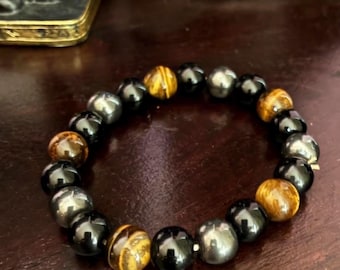 Pulsera de hombre de obsidiana ojo de tigre y hematita • Pulsera elástica con cuentas de tamaño gradual