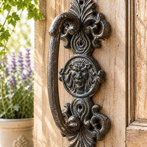 May include: Ornate black cast iron door pull with a lion's head emblem, mounted on a weathered wooden door. The handle is curved and detailed with floral and scrollwork designs. A decorative accent for exterior doors.