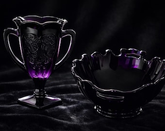 Juego de cuenco y copa de cristal de amatista negra – LE Smith, diseño de ninfa, vidrio artístico morado vintage, decoración gótica