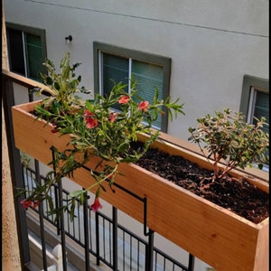 May include: A wooden planter box with a black metal bracket, hanging on a black metal railing. The planter box is filled with soil and has a variety of green plants and pink flowers growing in it.