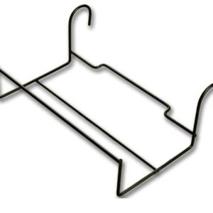 May include: Black metal plant hanger with two hooks on the ends. The hanger is designed to hold a plant pot.