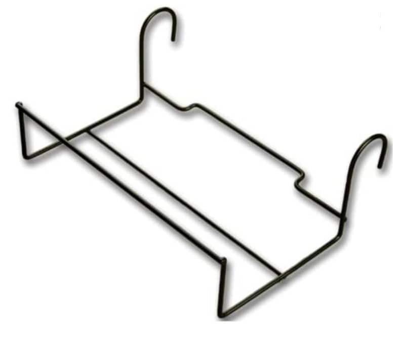 May include: Black metal plant hanger with two hooks on the ends. The hanger is designed to hold a plant pot.