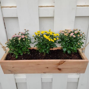 May include: A wooden hanging planter with three different types of flowers. The planter is brown and has a rope hanging from it. The flowers are pink, yellow, and white.