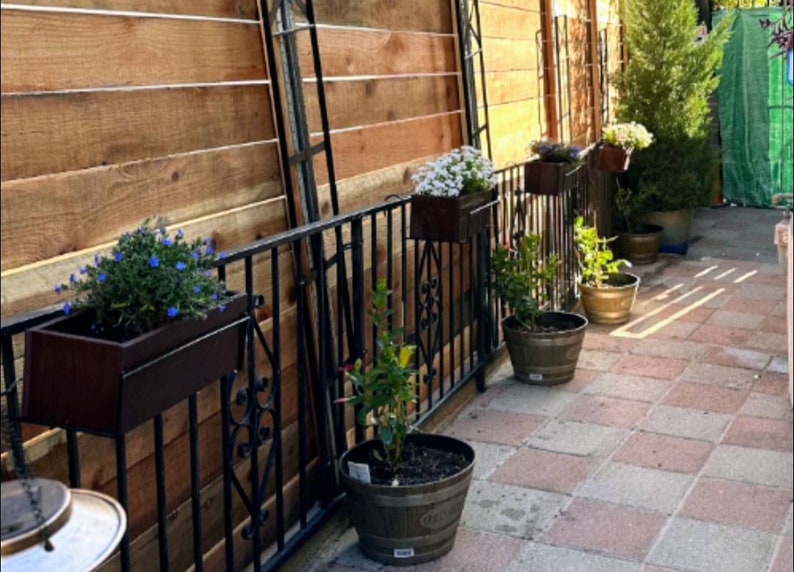 May include: A black metal railing with several potted plants. The plants are in various sizes and shapes, and some have flowers. The railing is in front of a wooden fence.