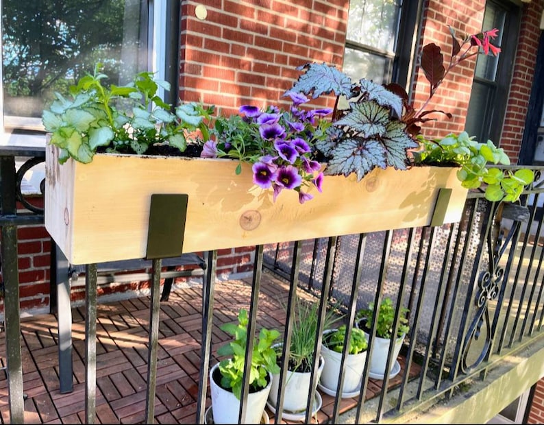 May include: A wooden planter box with black metal brackets, mounted on a black metal railing. The planter is filled with purple flowers and green foliage.