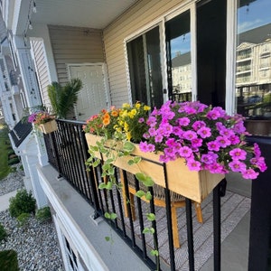 May include: A balcony with a black metal railing and a wooden planter box filled with pink and purple flowers. The planter box is mounted to the railing and is hanging over the edge of the balcony. The balcony is decorated with a black and white striped rug.