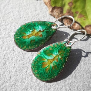 Yellow, Green and Blue Enameled Teardrop Earrings, Lightweight and Unique Enameled Silver Mismatched Earrings, Enameled Jewelry.