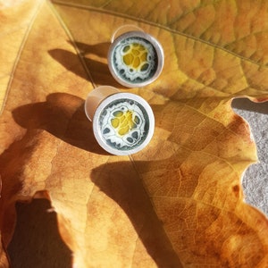 Silver and gray and yellow enamel earrings, unique contemporary jewelry, yellow circular and artisanal mismatched earrings.