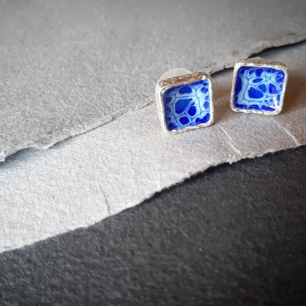 Small square silver and enamel earrings, blue enameled earrings, engraved silver earrings in very organic blues.