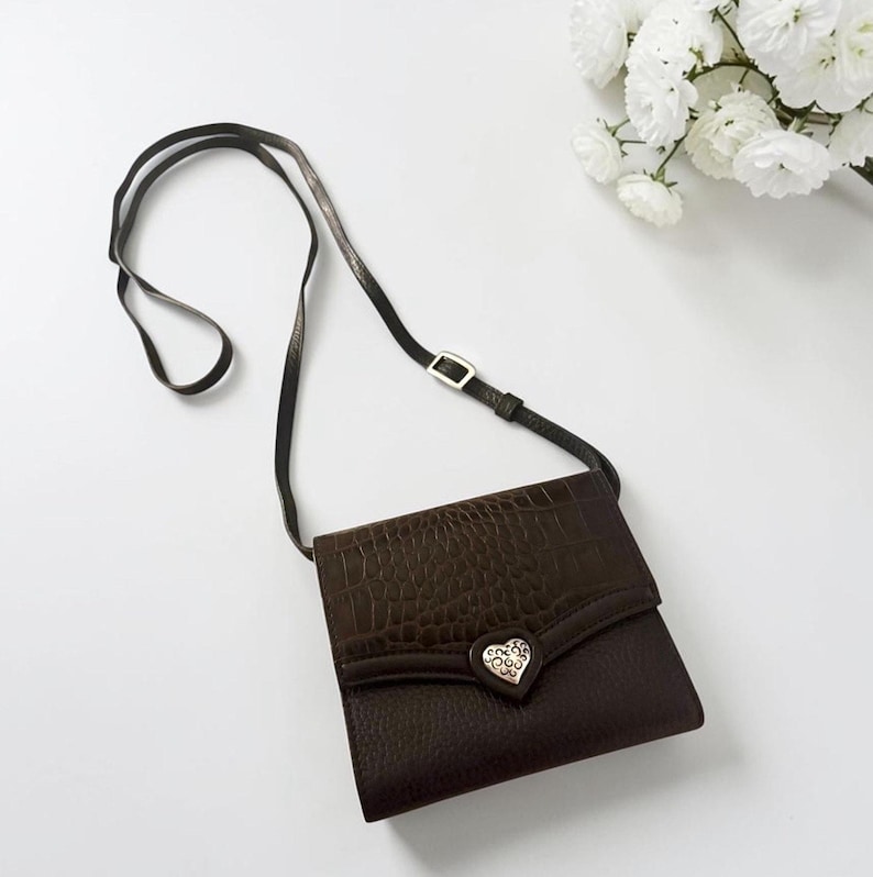 Vintage BRIGHTON Croc-Embossed Black Leather Crossbody Bag 3637/1 image 1