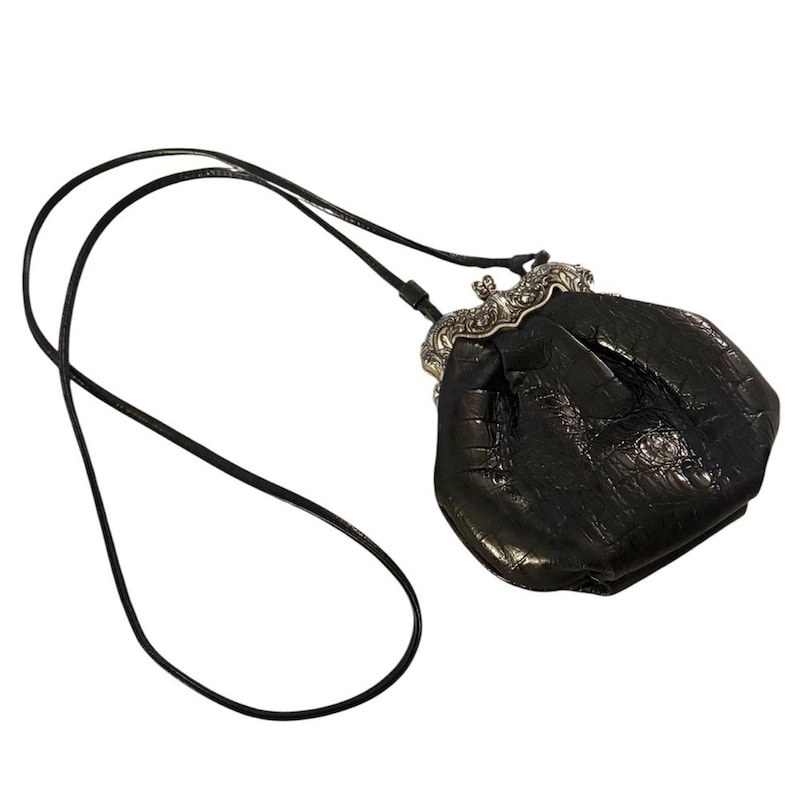 Vintage BRIGHTON Kiss Lock zwart leren One World crossbody-tas 3636/1 afbeelding 10