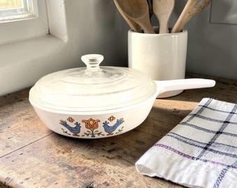 Sartén/Menuette/Pájaros Vintage CORNING WARE Country Festival con Tapa, Fabricada en EE. UU., 3423-63