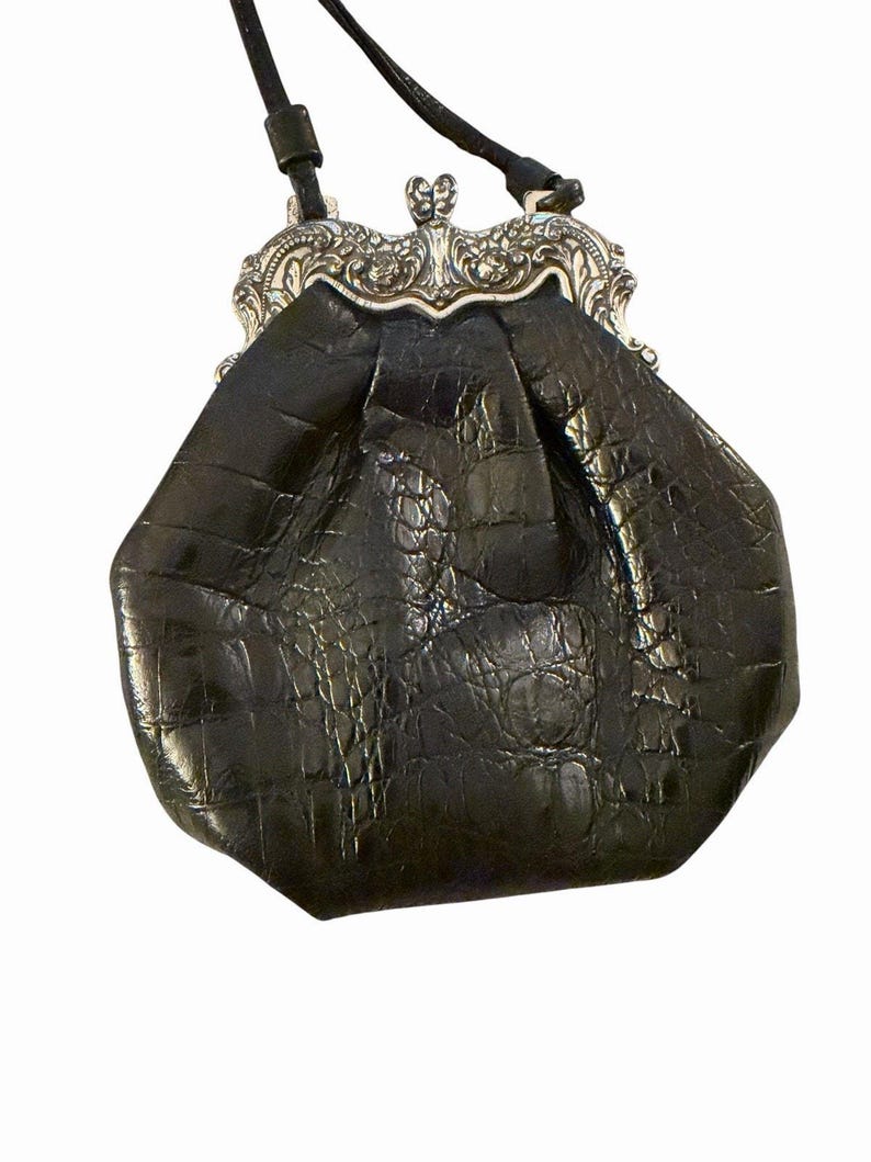 Vintage BRIGHTON Kiss Lock zwart leren One World crossbody-tas 3636/1 afbeelding 2