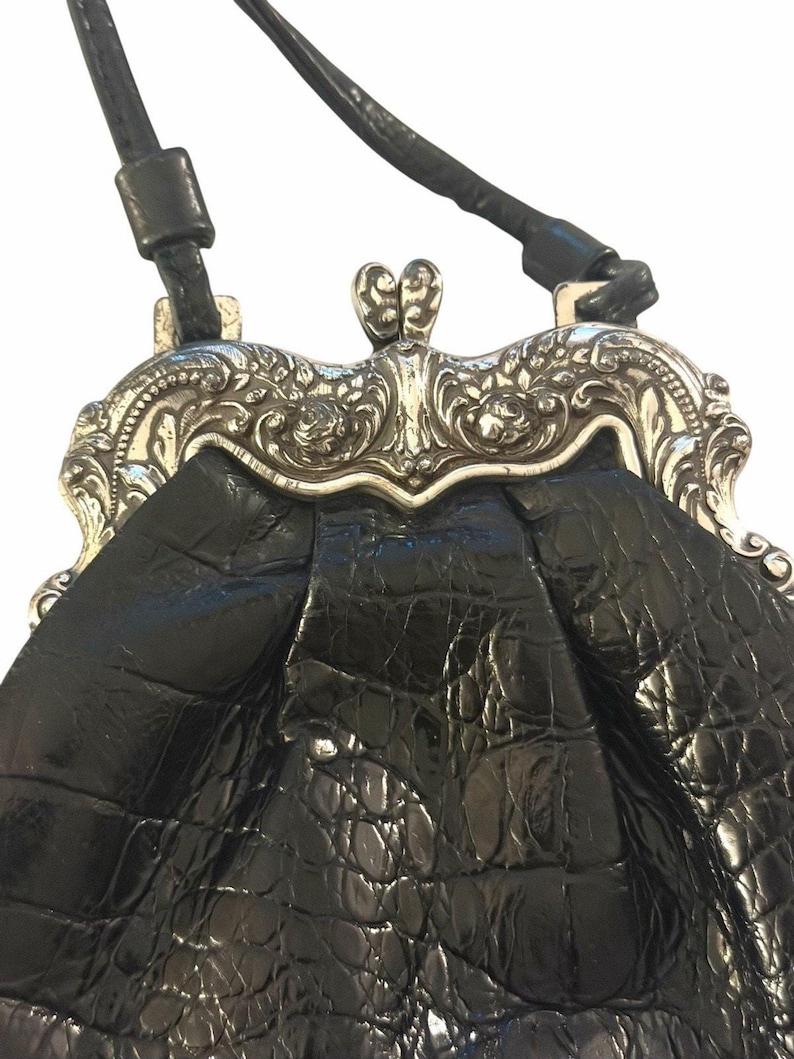 Vintage BRIGHTON Kiss Lock zwart leren One World crossbody-tas 3636/1 afbeelding 3