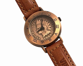 Vintage BRITTANIA 1900 Indian Head Penny Quartz horloge leer WORKS 3297-22
