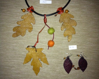 Handmade, unique leather necklace with earrings
