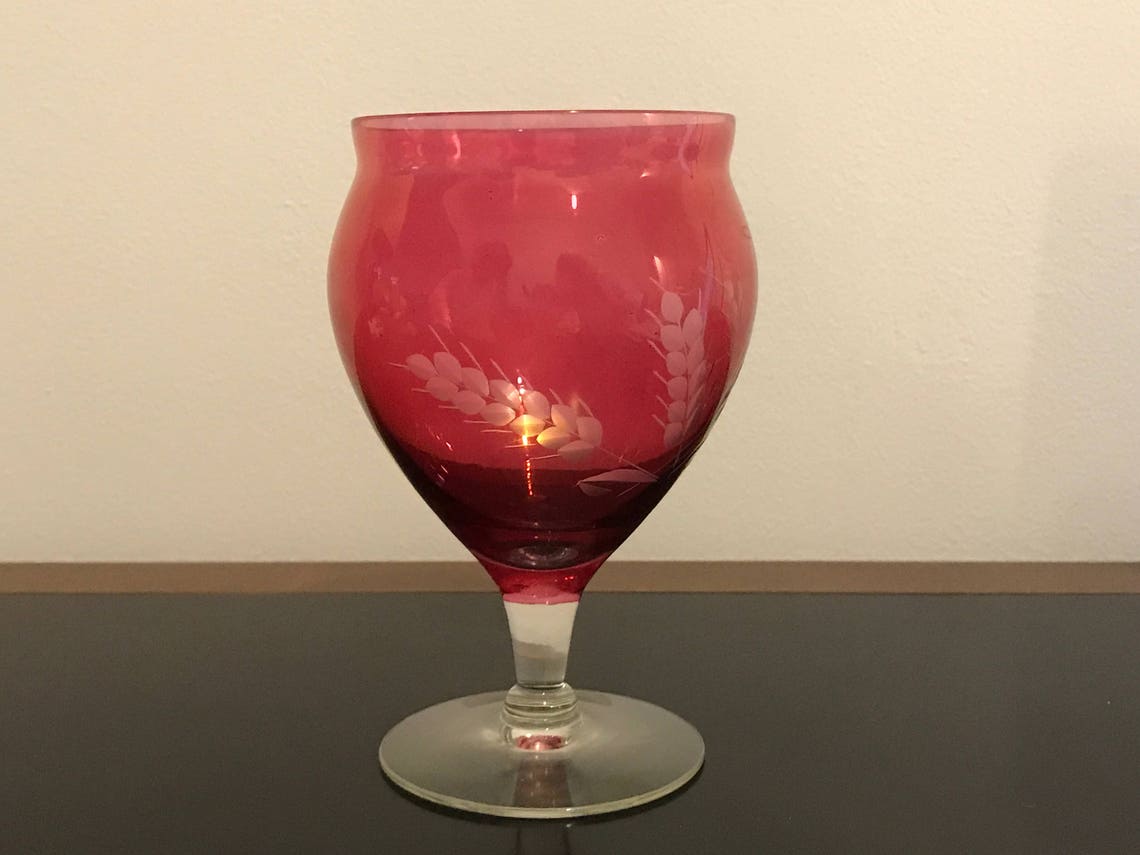 Vintage Red Etched Glass Footed Vase Etsy UK