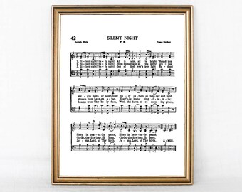 Silent Night Hymn Print, Holiday Wall Prints, Christmas Wall Decor, Silent Night Hand Illustrated Sheet Music, Religious Holiday Gift