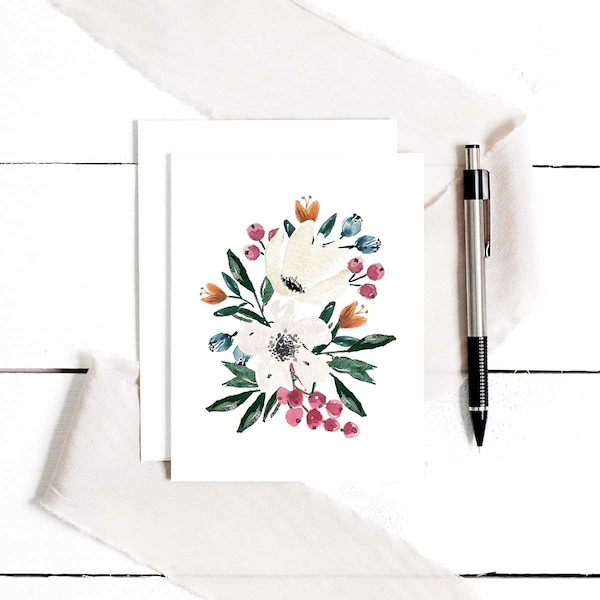 Warm Winter Watercolor Greeting Card, Just Because, Floral Greeting Cards, Blank Greeting Cards, Card Set of 4, Berries Greeting Card