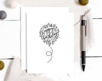 Happy Birthday Balloon Greeting Card | Blank Happy Birthday Card | Balloon Illustration | Happy Birthday Calligraphy | Neutral birthday card