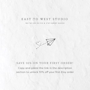 May include: A white background with black text that reads "EAST TO WEST STUDIO" and "INVITATION SUITES & STATIONERY GOODS". Below the text is a black and white illustration of a paper airplane with a dashed line leading to a heart.