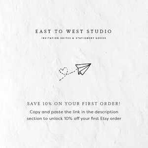 May include: A white background with black text that reads "EAST TO WEST STUDIO" and "INVITATION SUITES & STATIONERY GOODS". Below the text is a black and white illustration of a paper airplane with a dashed line leading to a heart.