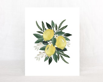 Lemon Art Print, Lemon Wall Art, Lemon Decor, Citrus Print for kitchen, Lemon Botanical Watercolor Art, Fruit Art Print, Unframed & Shipped