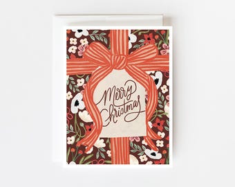 Wrapped in Red Holiday Greeting Card, Blank Christmas Cards, Seasonal Greeting Card, Christmas Card Set of 4, Illustrated Holiday Cards