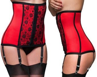 Premier Lingerie Red & Black Lycra 6 Garter Waist Cincher with Black Lace (PLwc2)