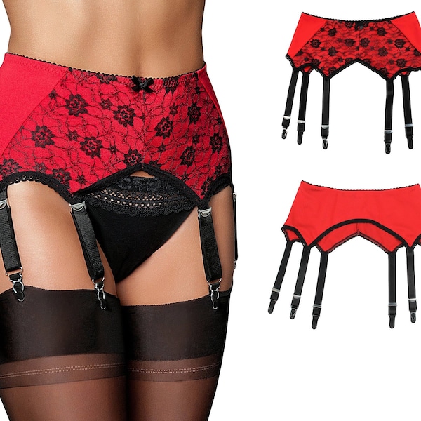 Premier Lingerie Red 6 Strap 'Pull on' Panel de encaje liguero / liguero para medias (PLpul6)