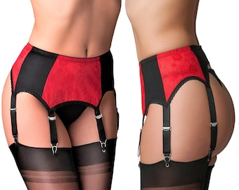 Premier Lingerie 6 Strap Suspender / Garter Belt with Red Floral Lace for Stockings (PL15)