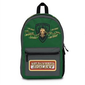 May include: Green backpack with a gray pocket and a Guardians of the Galaxy logo. The backpack features a cartoon image of Groot from the movie Guardians of the Galaxy. The text "I am Groot" is repeated around the image of Groot.