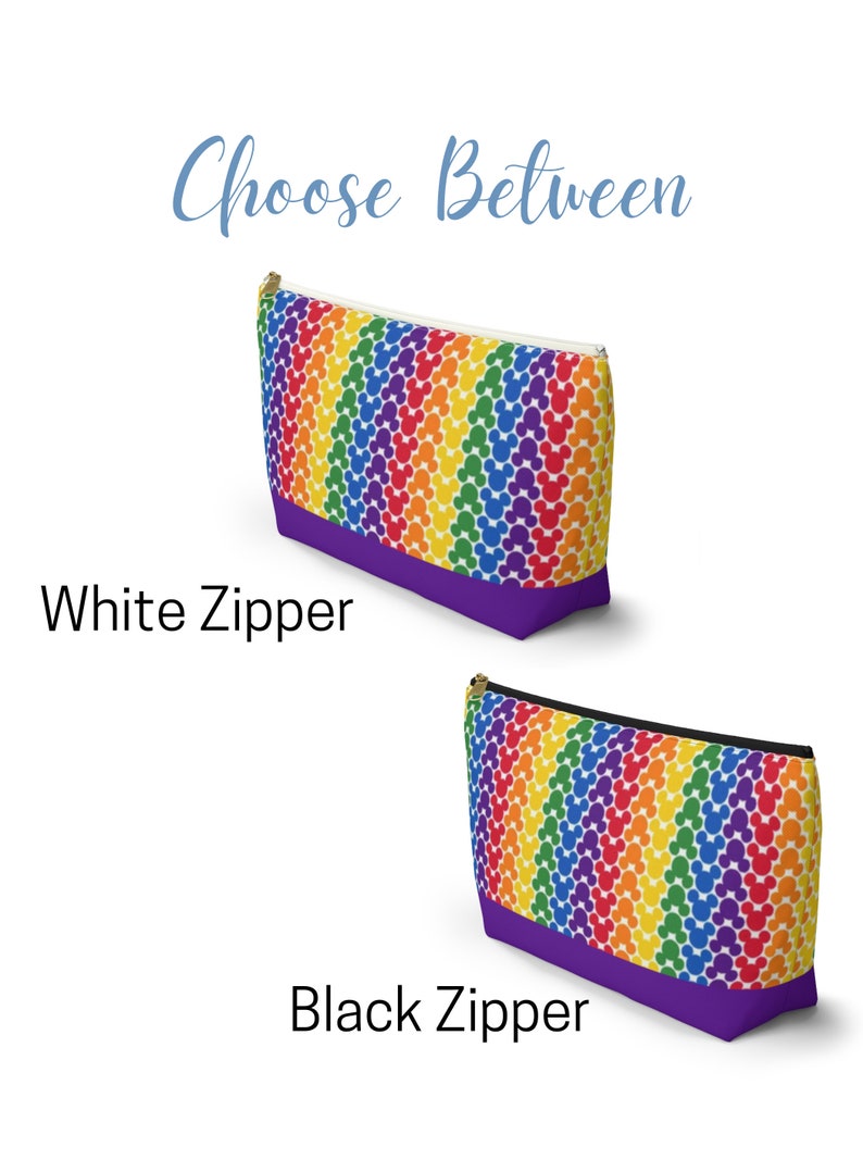 May include: Two rainbow-colored zippered pouches with a white Mickey Mouse pattern. The pouch on the top has a white zipper and the pouch on the bottom has a black zipper. Both pouches have a purple bottom.