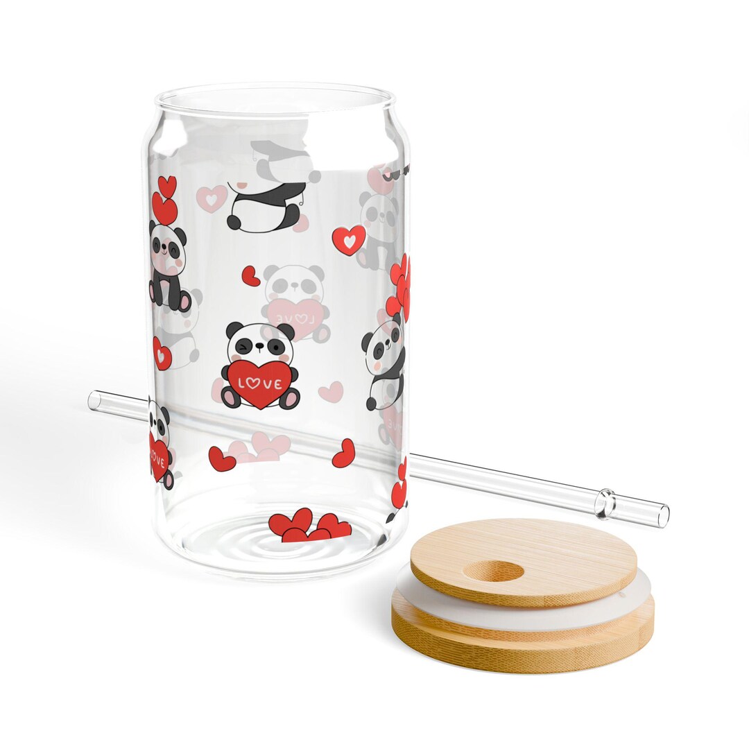 Panda Love 16oz Sipper Glass, Valentine's Day Panda, Gift for