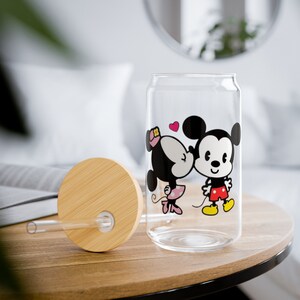 Disney Mickey and Minnie Sipper Glass with Bamboo Lid & Straw, 16oz Glass Tumbler, Mickey Mouse Tumbler, Disney Cup, Minnie Mouse Tumbler image 3